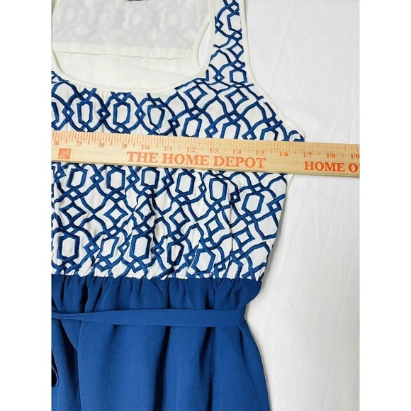 THML Anthropology Dress S Embroidered Geometric Design Blue Tie Waist Sleeveless - Picture 7 of 10